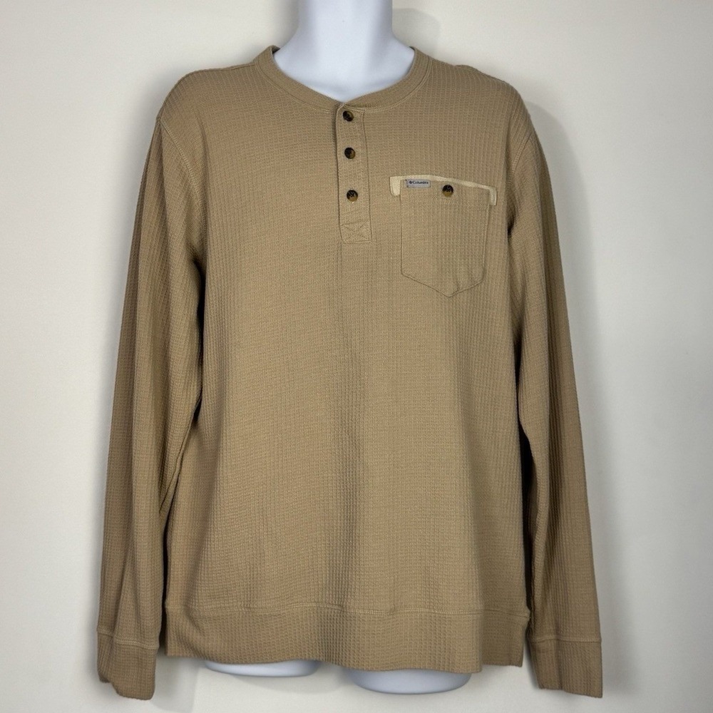 Columbia Henley Shirt Men Large Tan Long Sleeve Waffle Knit Outdoor Casual
